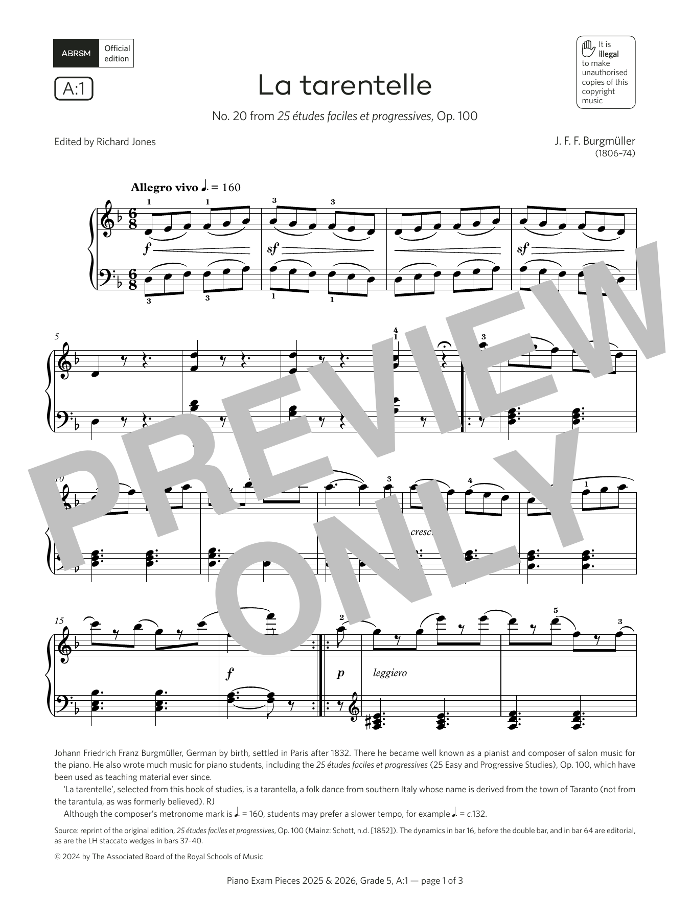J. F. F. Burgmüller La tarentelle (Grade 5, list A1, from the ABRSM Piano Syllabus 2025 & 2026) sheet music notes and chords arranged for Piano Solo