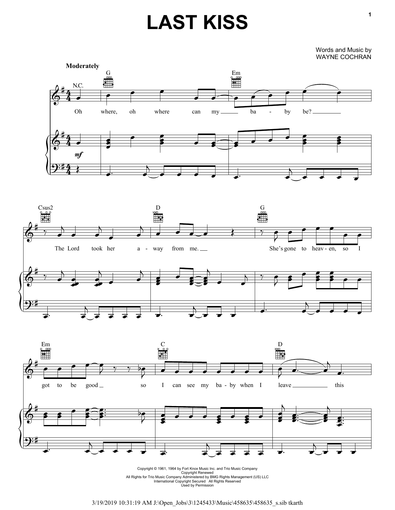 J. Frank Wilson Last Kiss sheet music notes and chords arranged for Guitar Chords/Lyrics