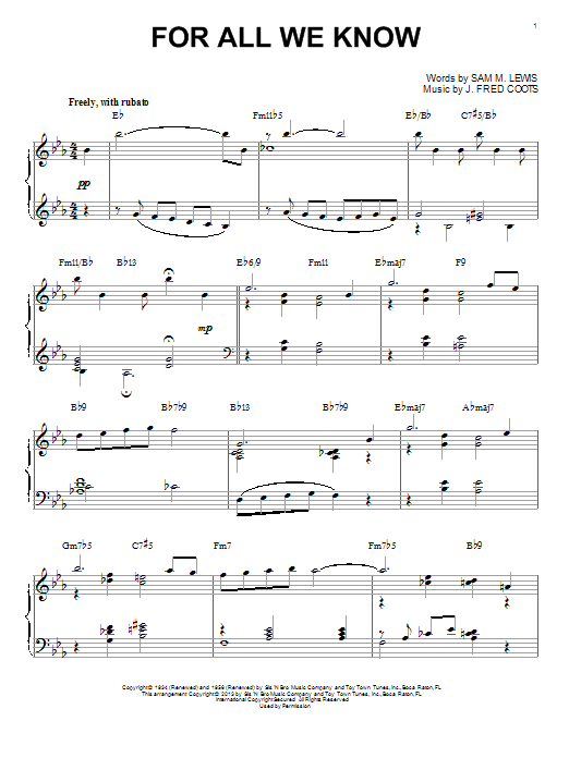 J. Fred Coots For All We Know (arr. Brent Edstrom) sheet music notes and chords arranged for Piano Solo