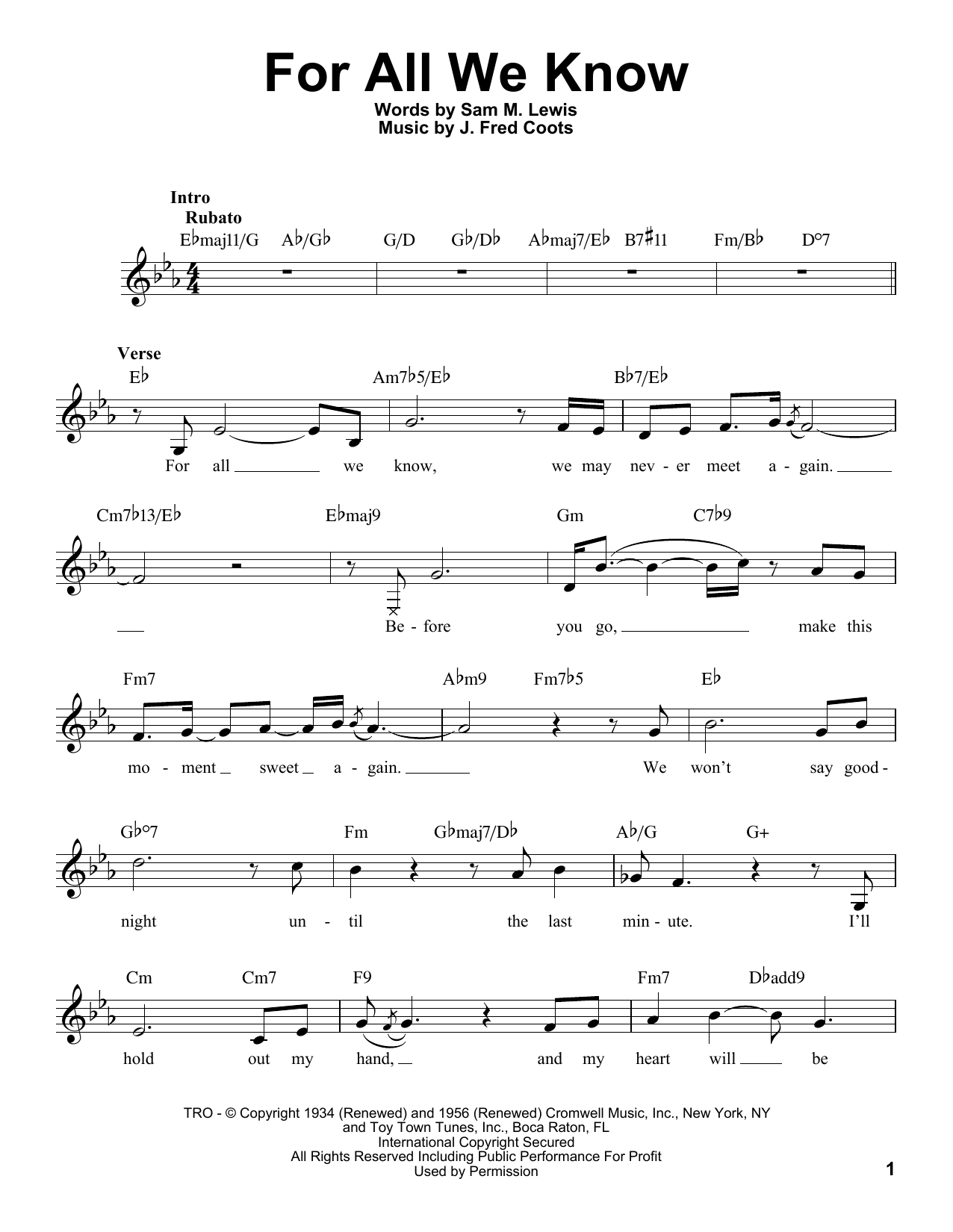 J. Fred Coots For All We Know sheet music notes and chords arranged for Cello Solo