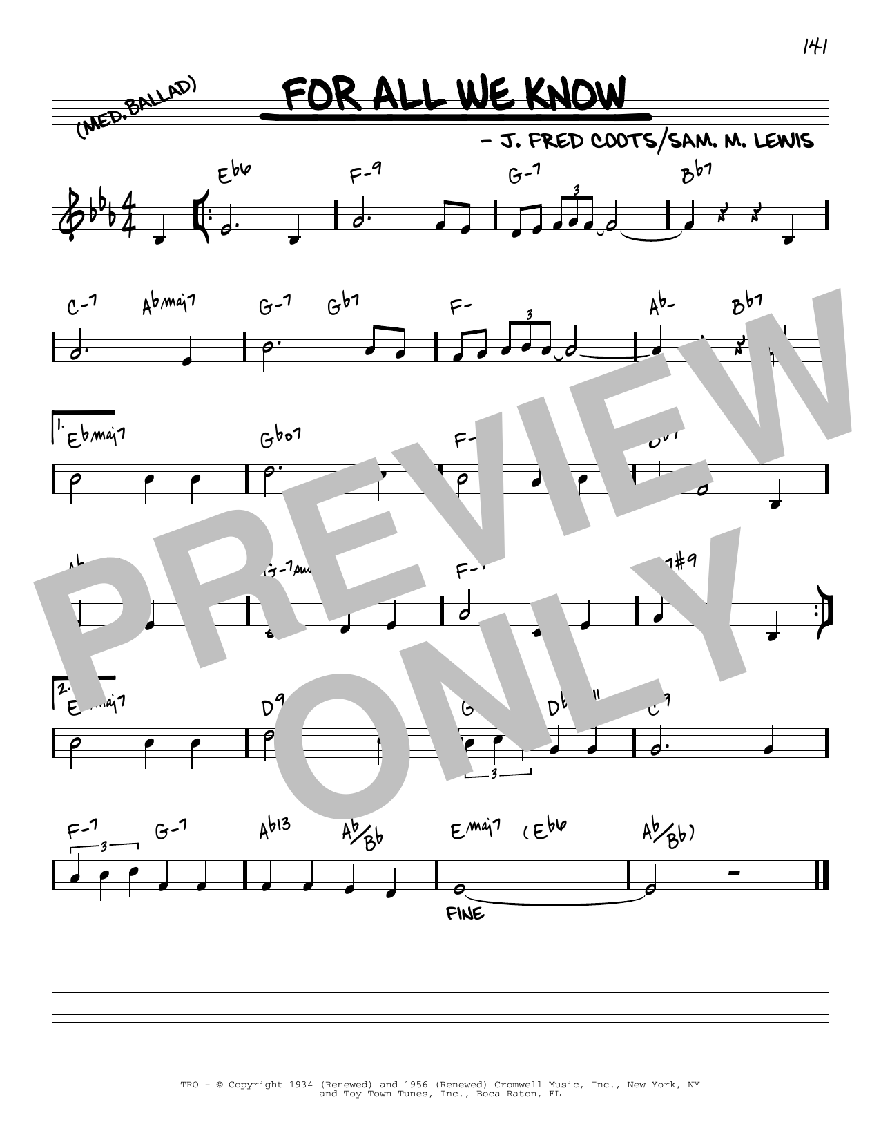 J. Fred Coots For All We Know [Reharmonized version] (arr. Jack Grassel) sheet music notes and chords arranged for Real Book – Melody & Chords