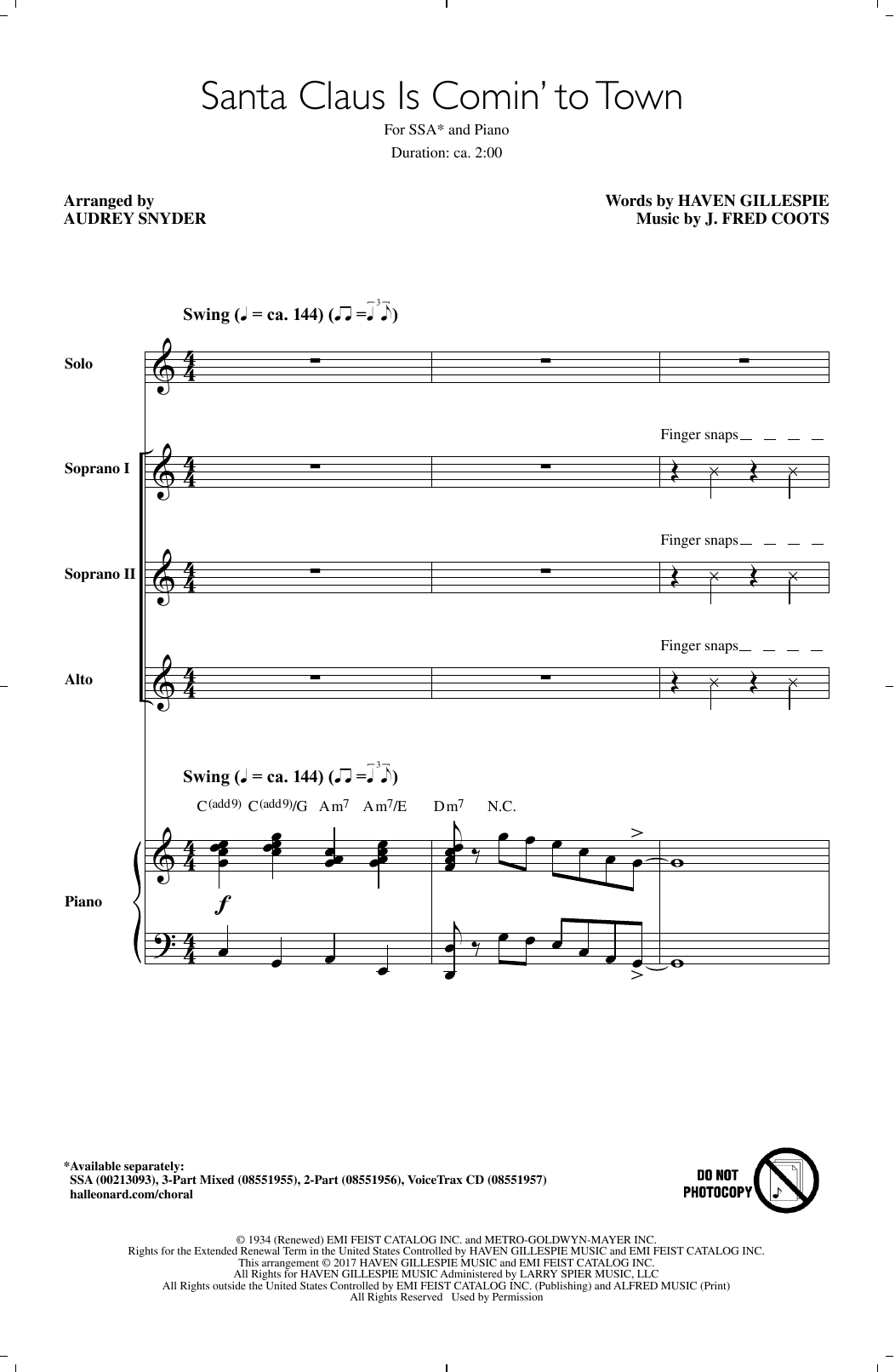 J. Fred Coots Santa Claus Is Comin' To Town (arr. Audrey Snyder) sheet music notes and chords arranged for SSA Choir