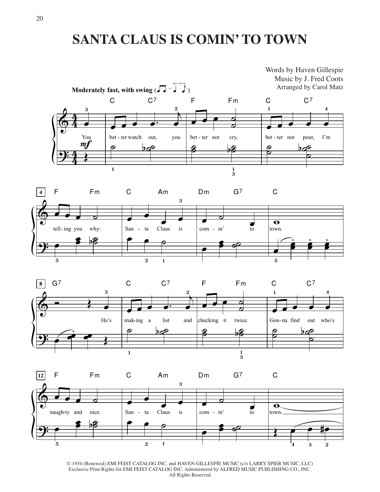J. Fred Coots Santa Claus Is Comin' To Town (arr. Carol Matz) sheet music notes and chords arranged for Big Note Piano