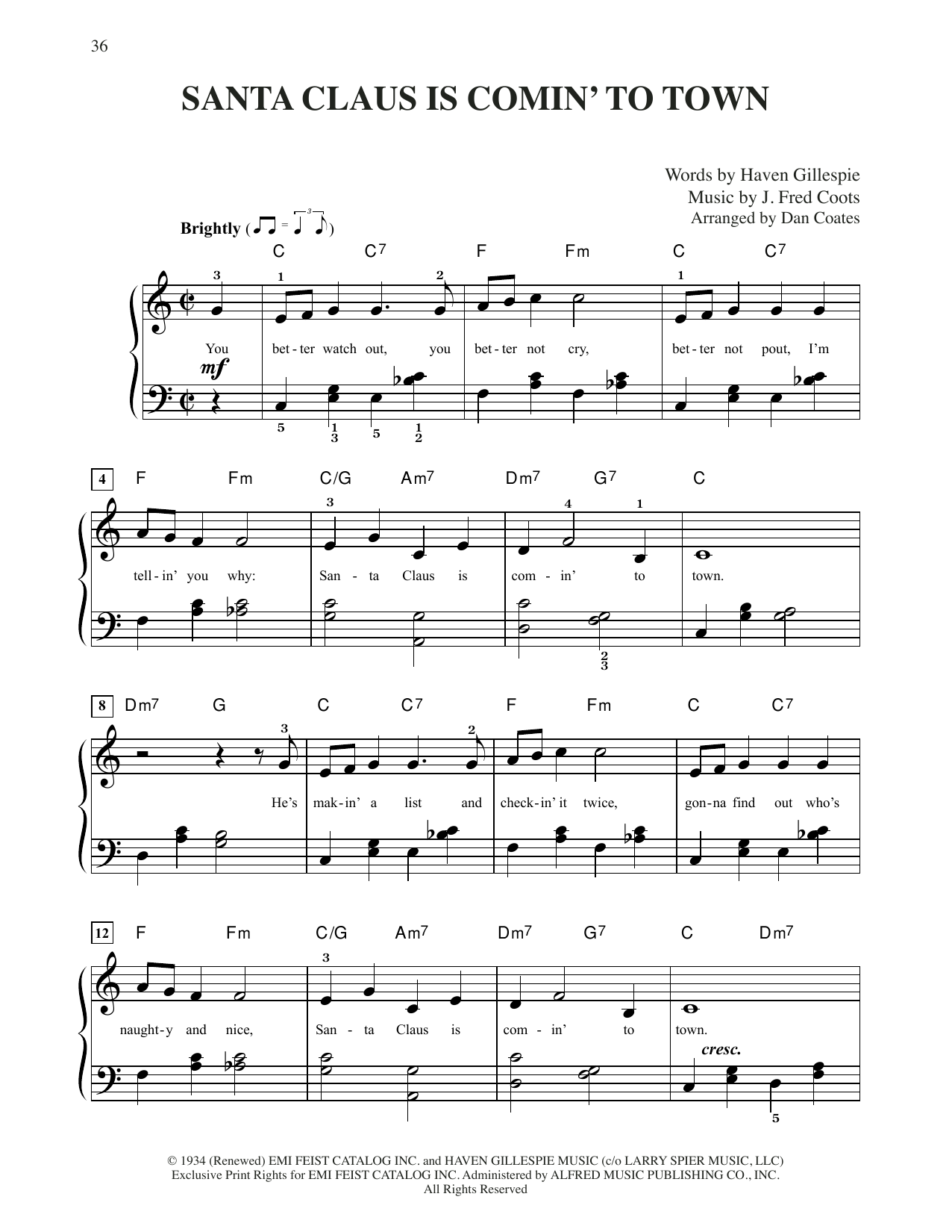 J. Fred Coots Santa Claus Is Comin' To Town (arr. Dan Coates) sheet music notes and chords arranged for Easy Piano