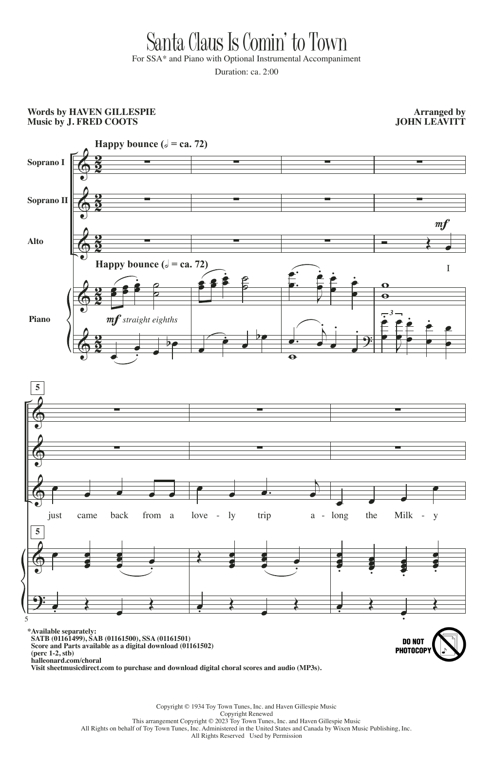 J. Fred Coots Santa Claus Is Comin' To Town (arr. John Leavitt) sheet music notes and chords arranged for SSA Choir