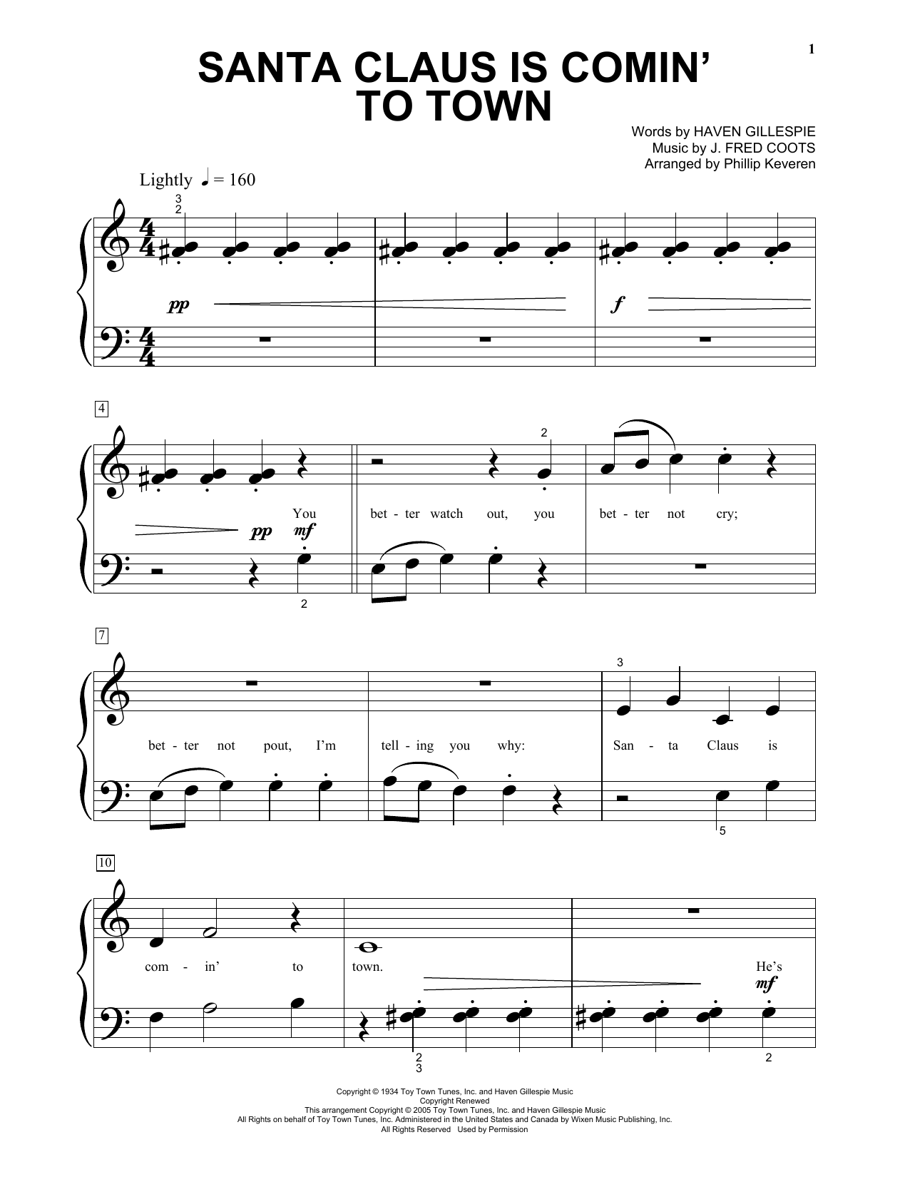 J. Fred Coots Santa Claus Is Comin' To Town (arr. Phillip Keveren) sheet music notes and chords arranged for Big Note Piano