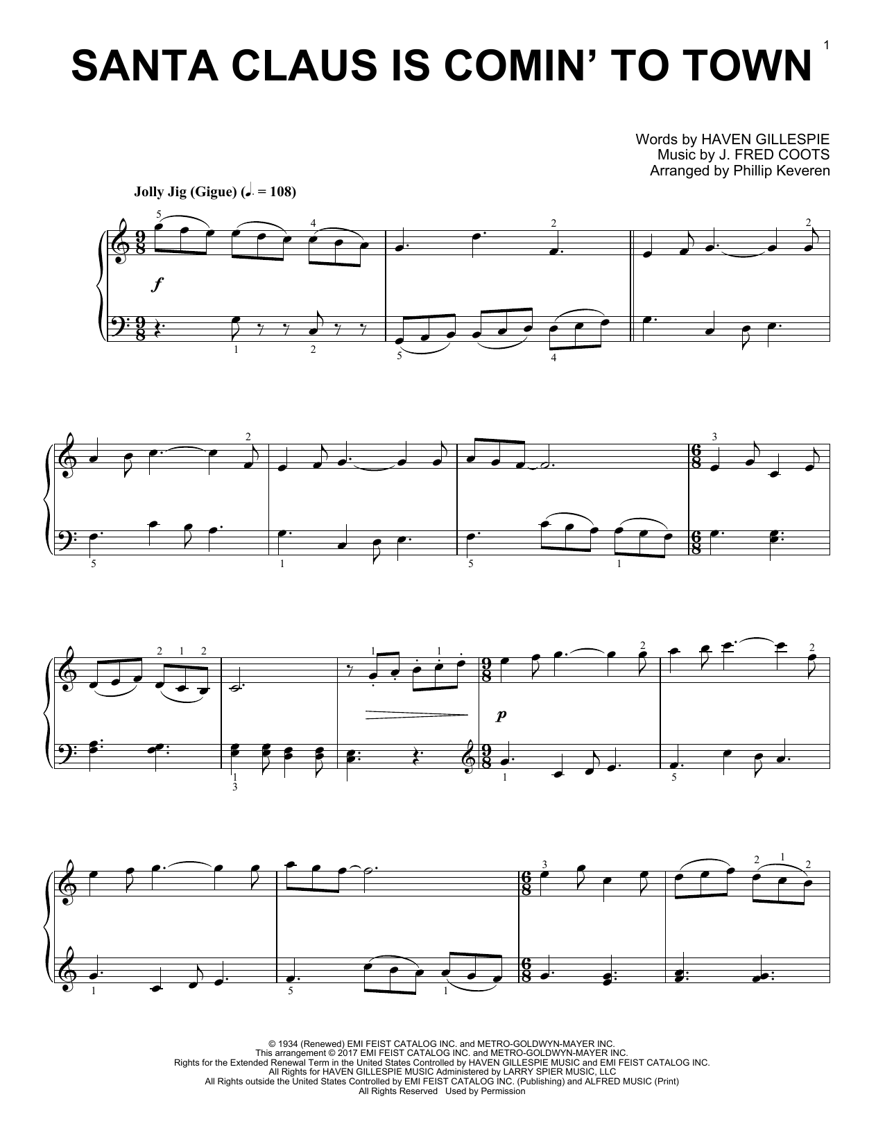 J. Fred Coots Santa Claus Is Comin' To Town [Classical version] (arr. Phillip Keveren) sheet music notes and chords arranged for Piano Solo