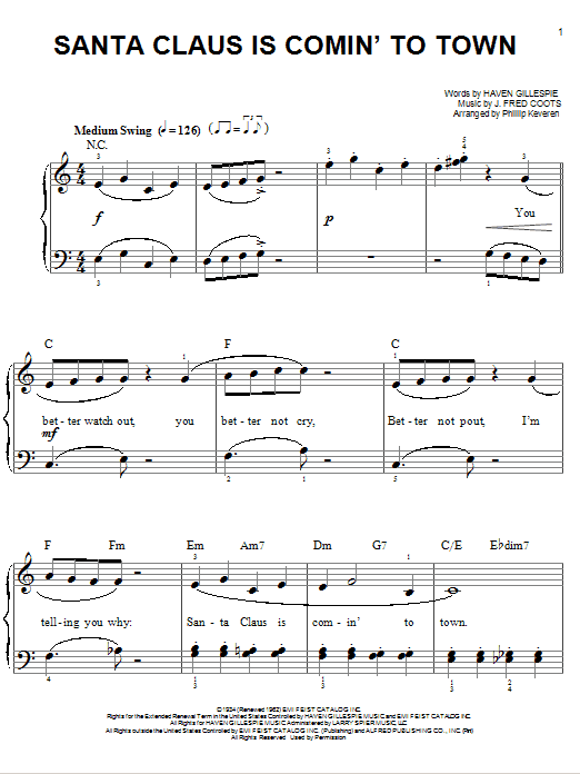 J. Fred Coots Santa Claus Is Comin' To Town [Jazz version] (arr. Phillip Keveren) sheet music notes and chords arranged for Easy Piano