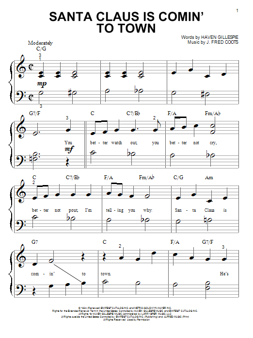 J. Fred Coots Santa Claus Is Comin' To Town sheet music notes and chords arranged for Easy Guitar