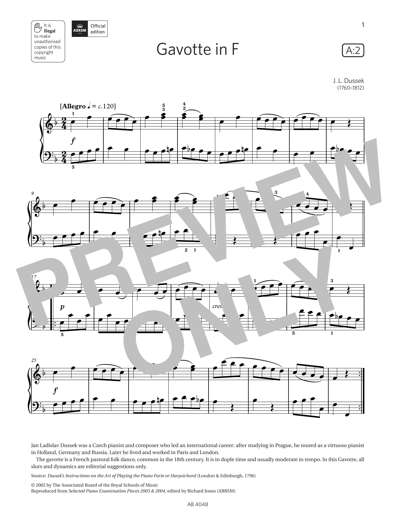 J L Dussek Gavotte in F (Grade 2, list A2, from the ABRSM Piano Syllabus 2023 & 2024) sheet music notes and chords arranged for Piano Solo