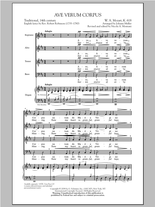 J Muller Ave Verum (Jesu, Word of God Incarnate) sheet music notes and chords arranged for SATB Choir