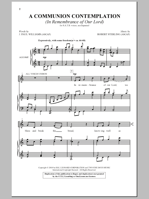 J. Paul Williams A Communion Contemplation (In Remembrance Of Our Lord) sheet music notes and chords arranged for SATB Choir