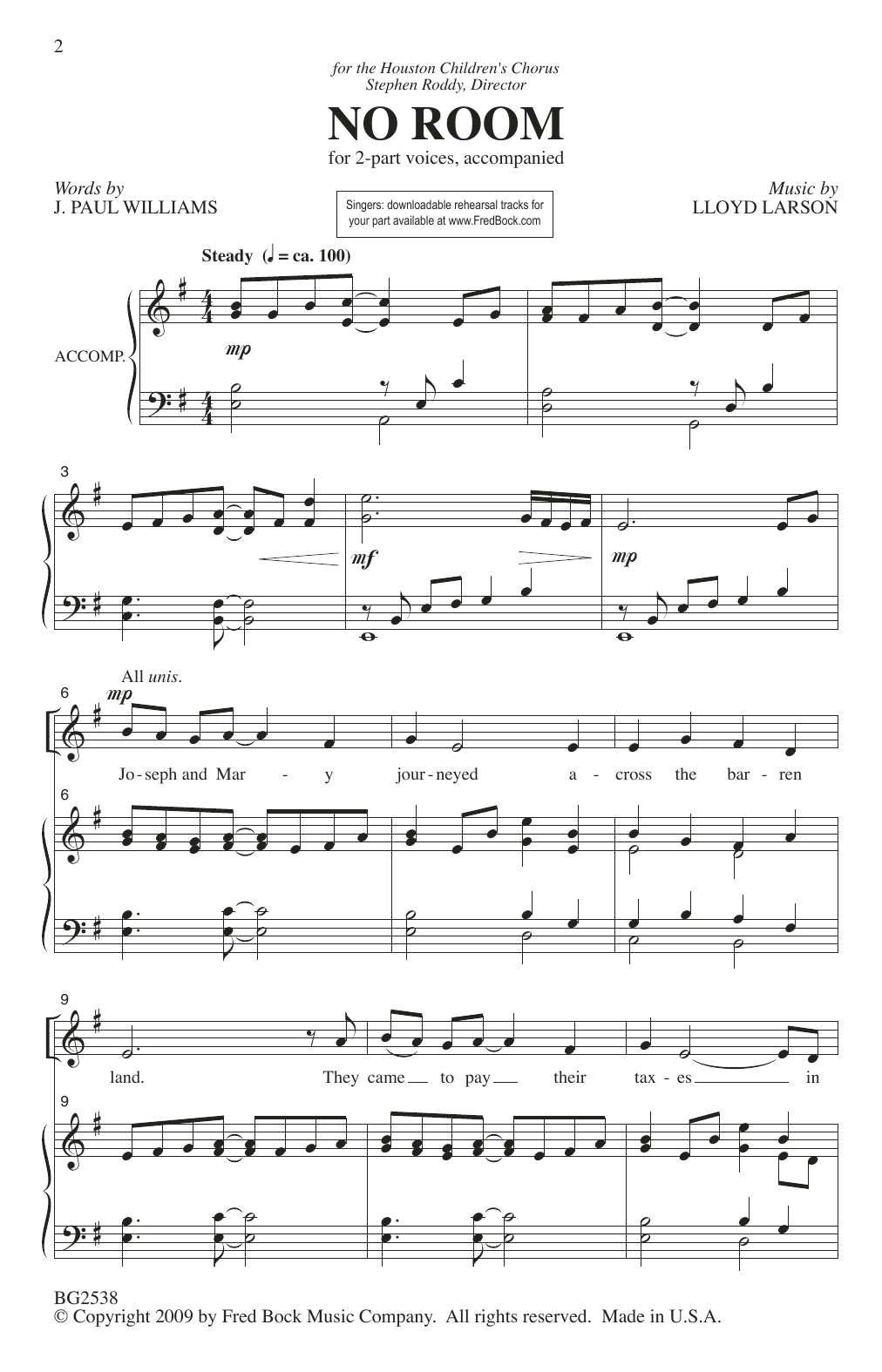 J. Paul Williams and Lloyd Larson No Room sheet music notes and chords arranged for 2-Part Choir