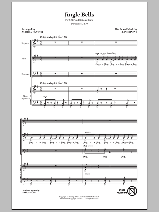 Audrey Snyder Jingle Bells sheet music notes and chords arranged for SAB Choir