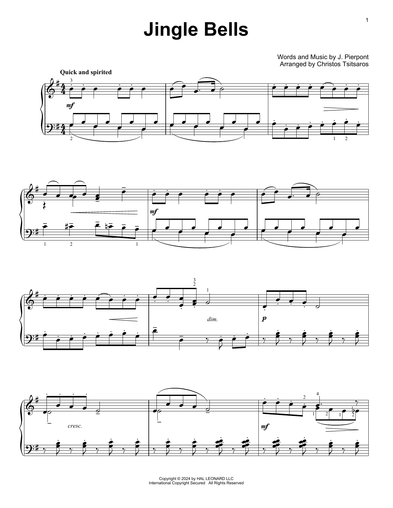 J. Pierpont Jingle Bells (arr. Christos Tsitsaros) sheet music notes and chords arranged for Easy Piano Solo