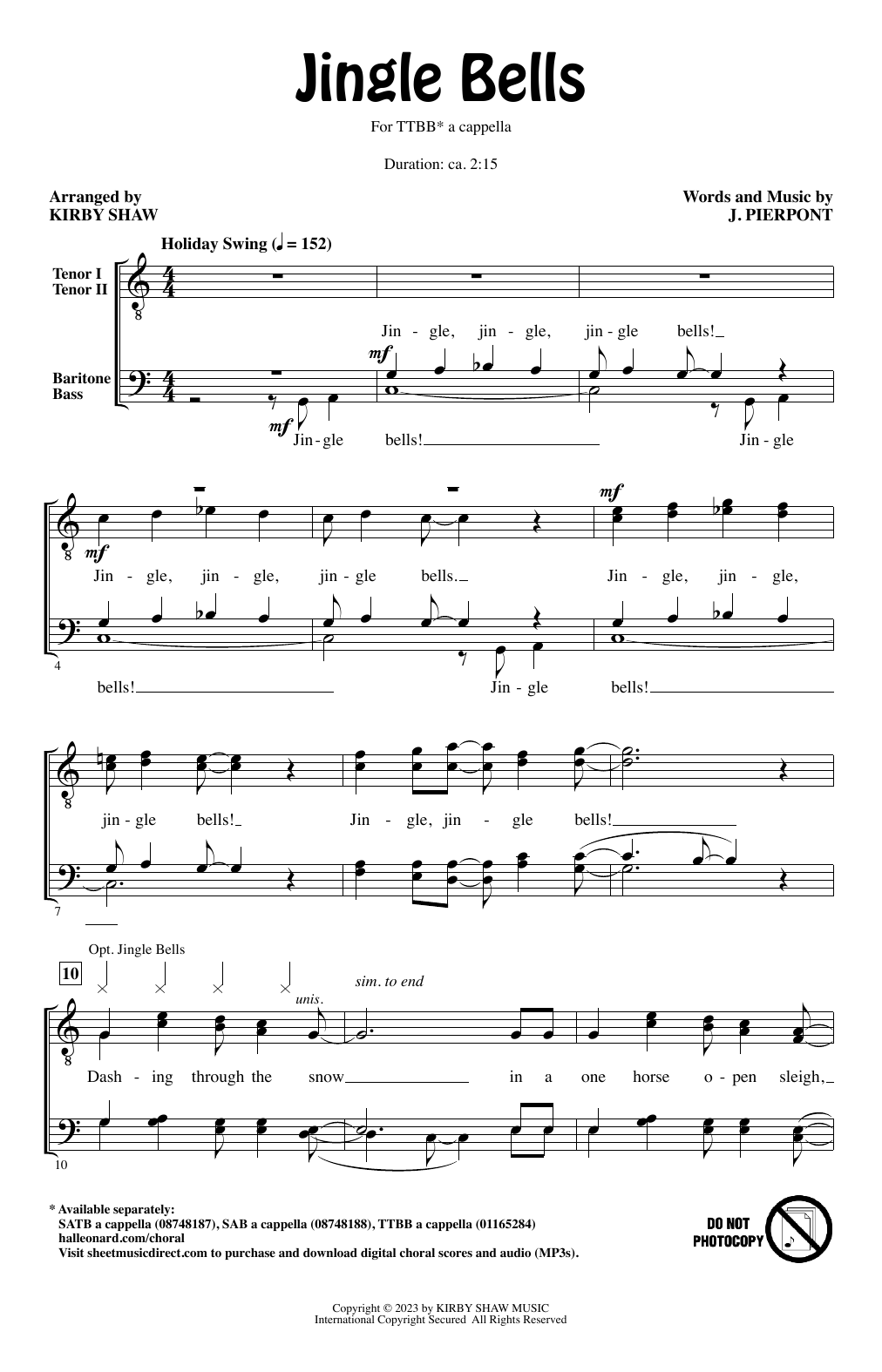 J. Pierpont Jingle Bells (arr. Kirby Shaw) sheet music notes and chords arranged for TTBB Choir