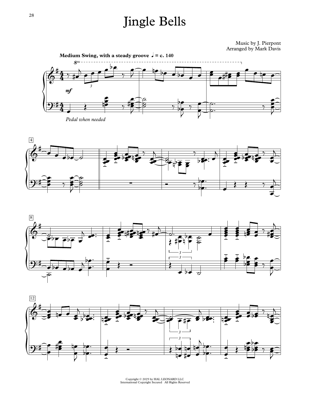 J. Pierpont Jingle Bells (arr. Mark Davis) sheet music notes and chords arranged for Educational Piano