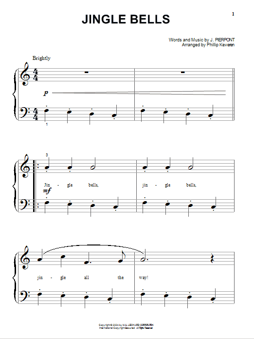 J. Pierpont Jingle Bells (arr. Phillip Keveren) sheet music notes and chords arranged for Big Note Piano