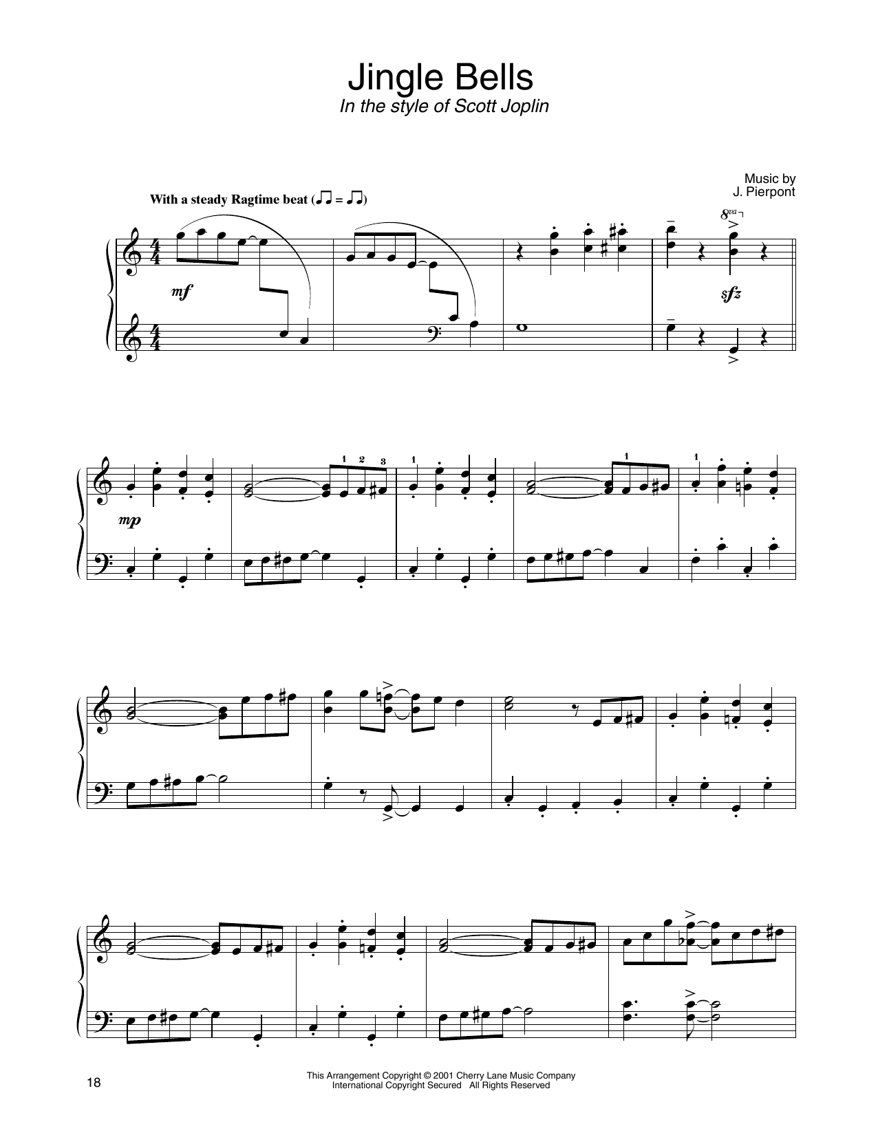 J. Pierpont Jingle Bells (in the style of Scott Joplin) (arr. Carol Klose) sheet music notes and chords arranged for Piano Solo