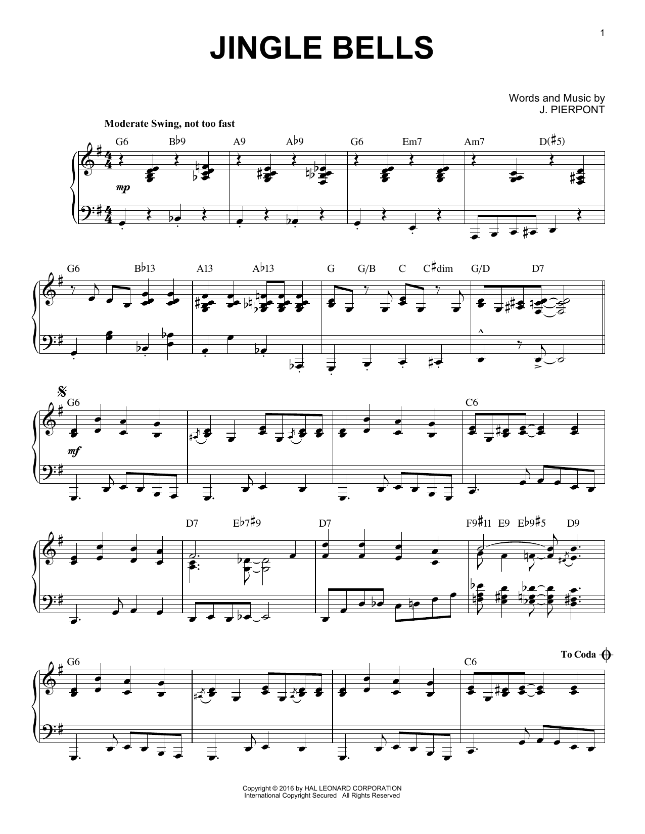 J. Pierpont Jingle Bells [Jazz version] (arr. Brent Edstrom) sheet music notes and chords arranged for Piano Solo