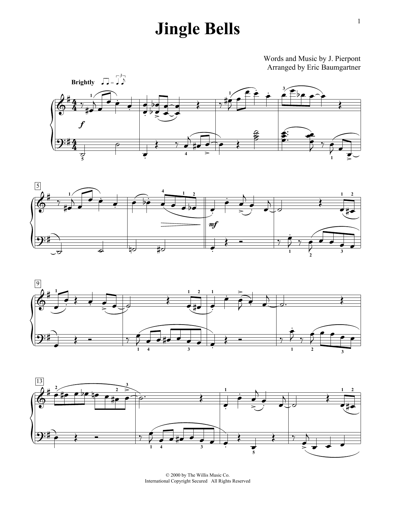 J. Pierpont Jingle Bells [Jazz version] (arr. Eric Baumgartner) sheet music notes and chords arranged for Educational Piano