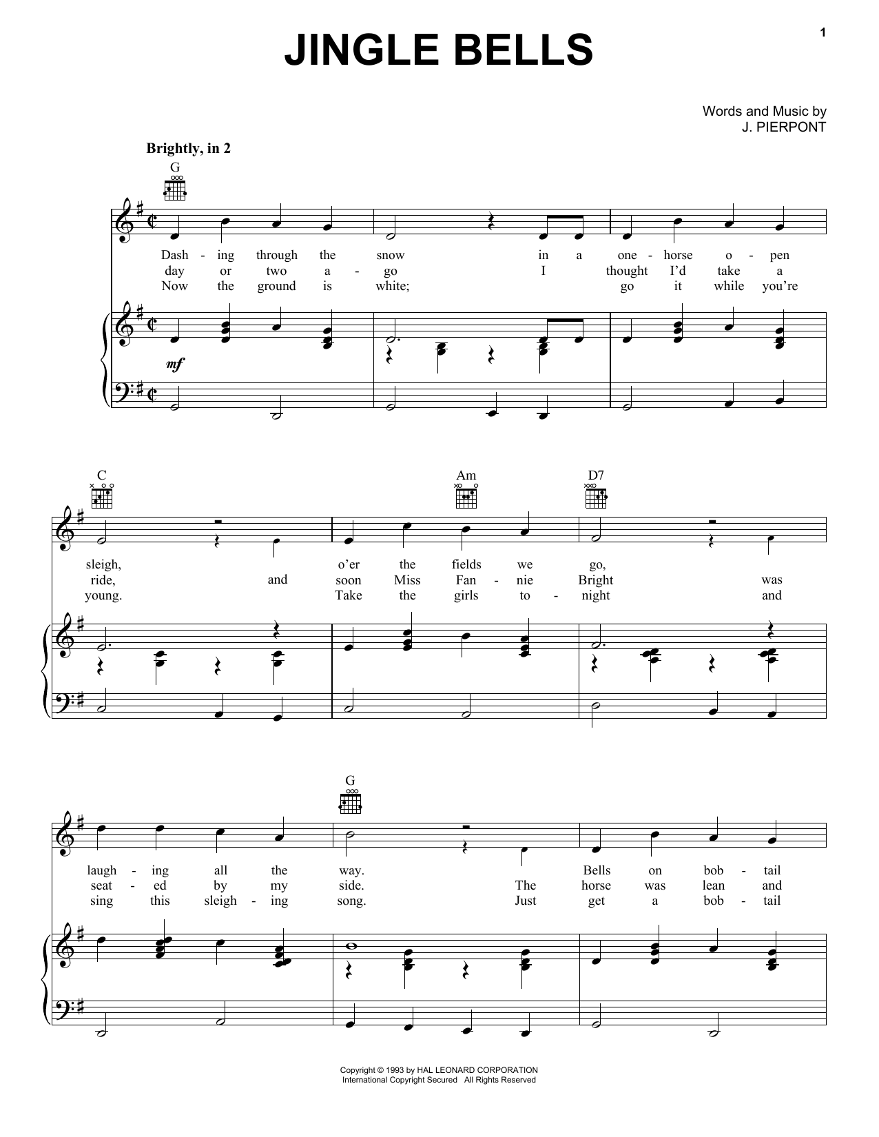 J. Pierpont Jingle Bells sheet music notes and chords arranged for Piano Solo