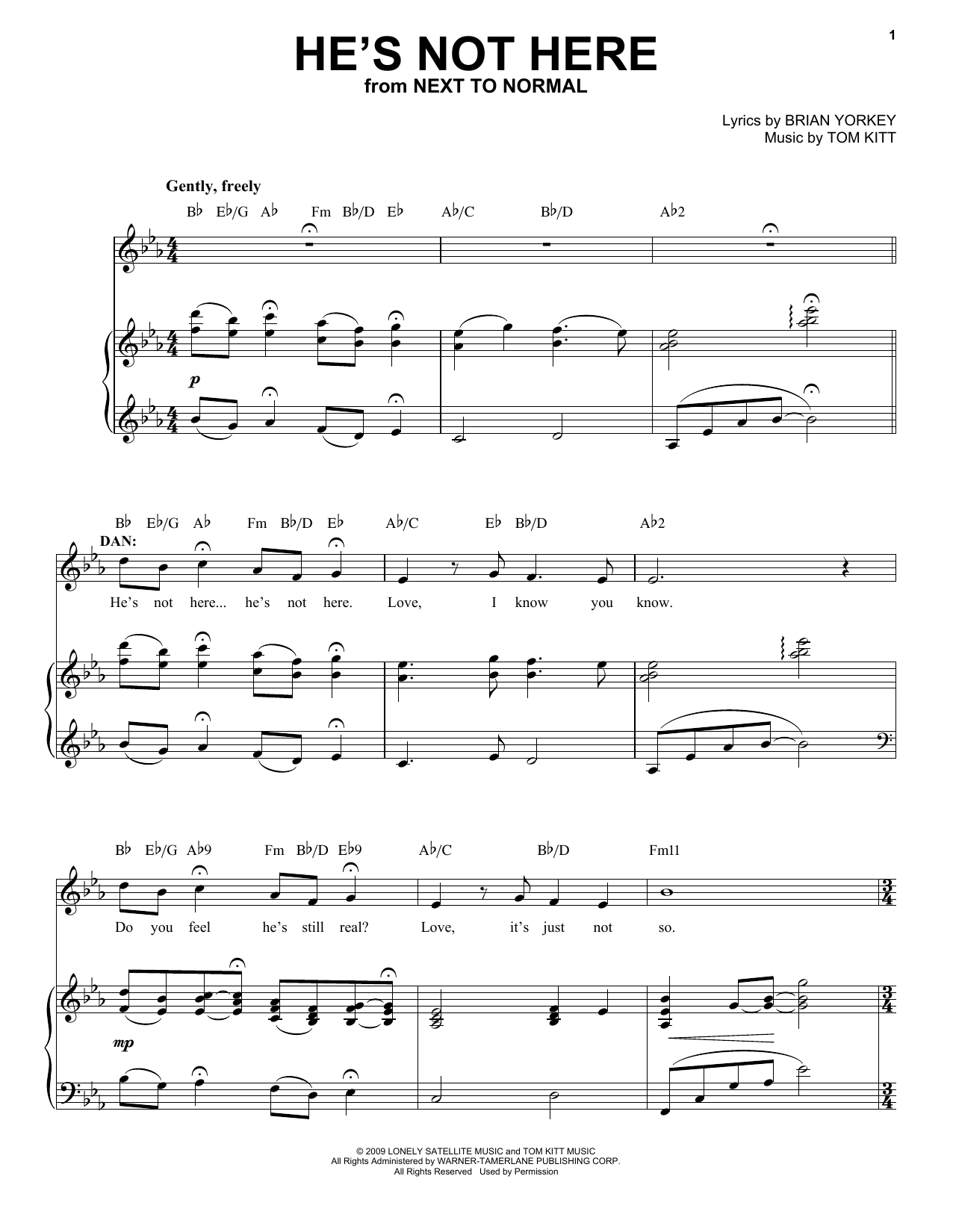 J. Robert Spencer He's Not Here (from Next to Normal) sheet music notes and chords arranged for Piano & Vocal