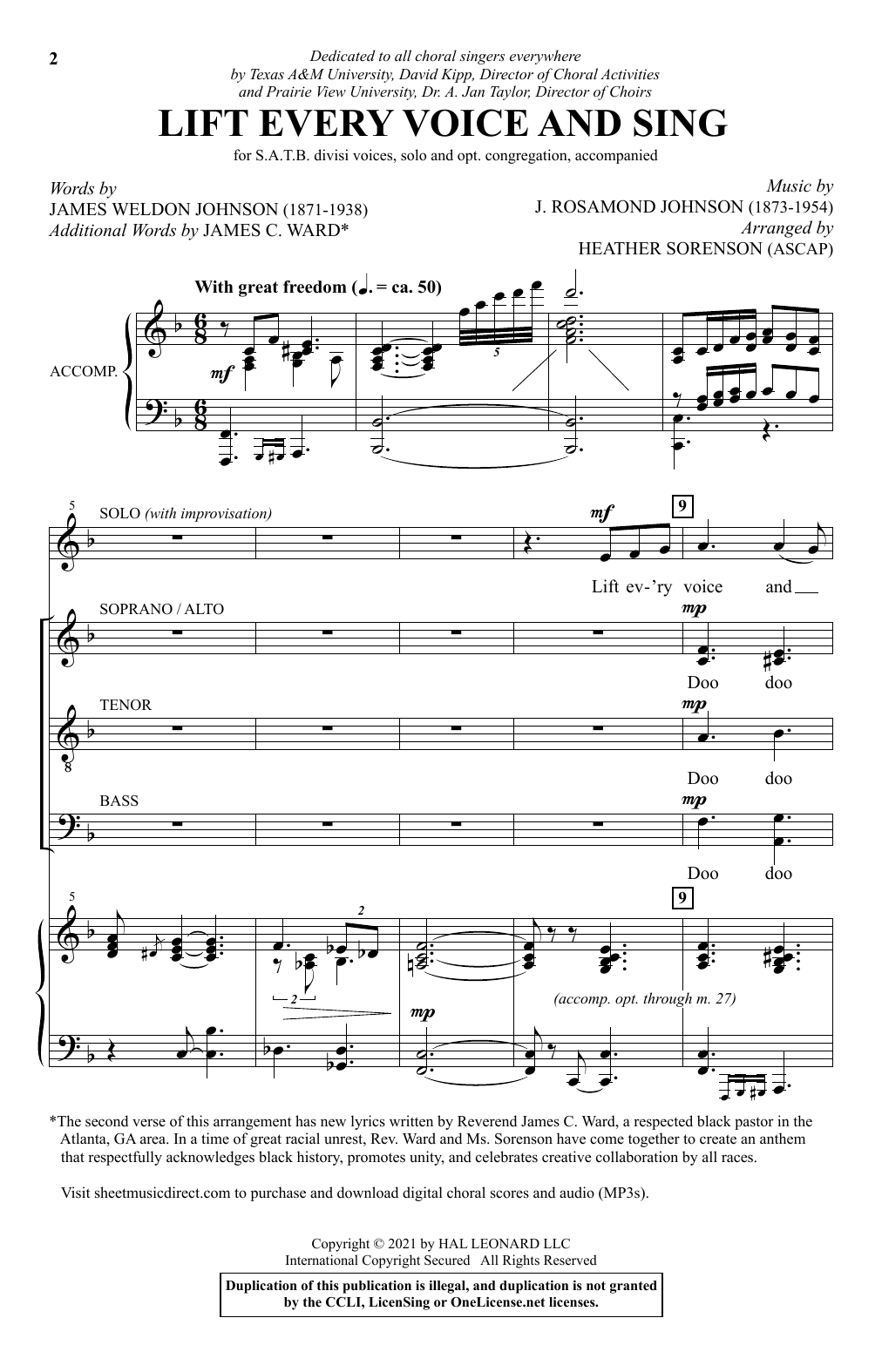 J. Rosamond Johnson Lift Every Voice And Sing (arr. Heather Sorenson) sheet music notes and chords arranged for SATB Choir
