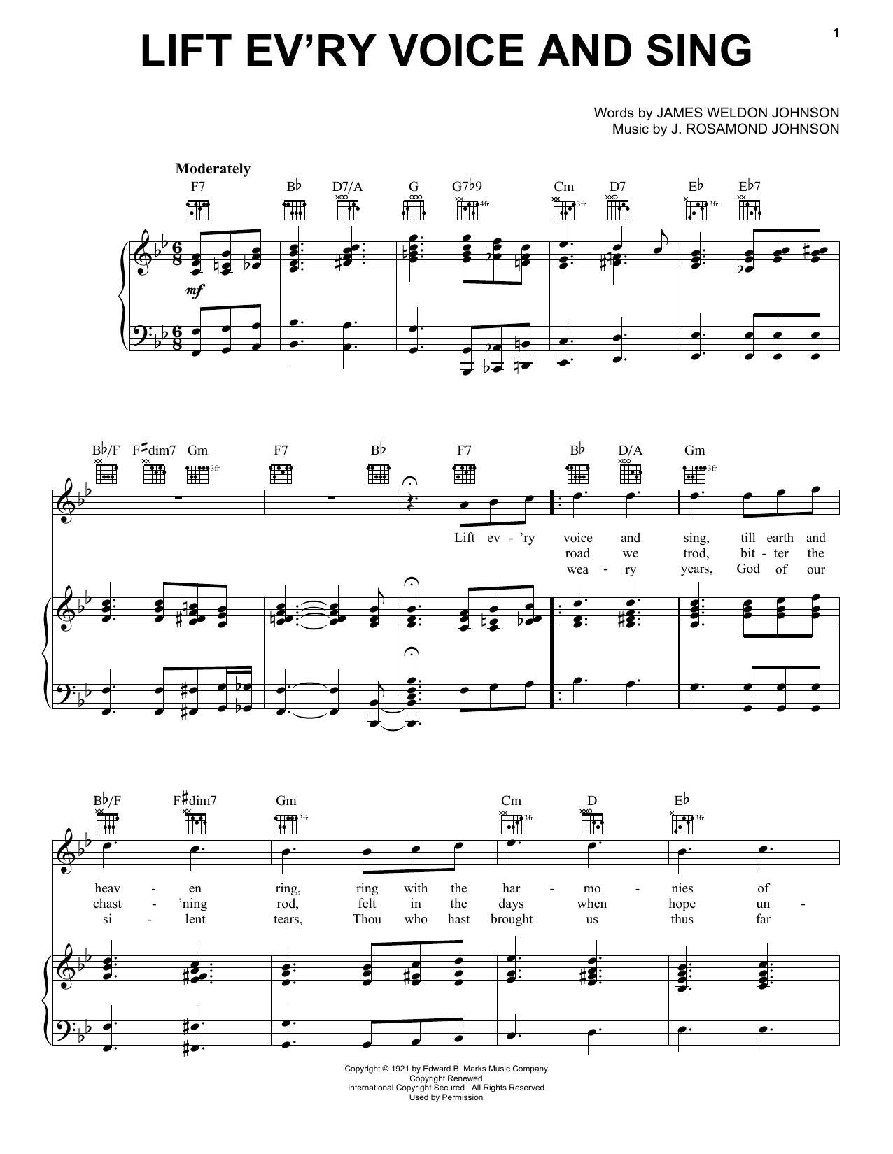 J. Rosamond Johnson Lift Ev'ry Voice And Sing sheet music notes and chords arranged for Piano, Vocal & Guitar Chords (Right-Hand Melody)