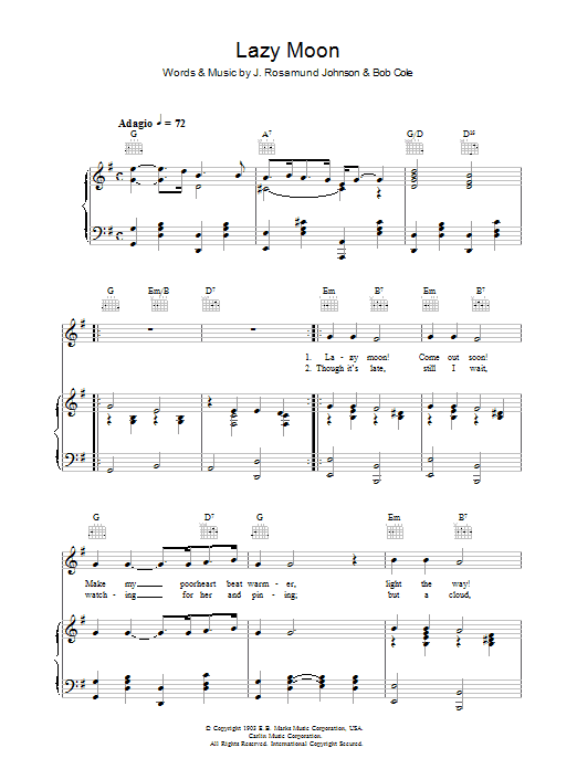 J. Rosamund Johnson Lazy Moon sheet music notes and chords arranged for Piano, Vocal & Guitar Chords
