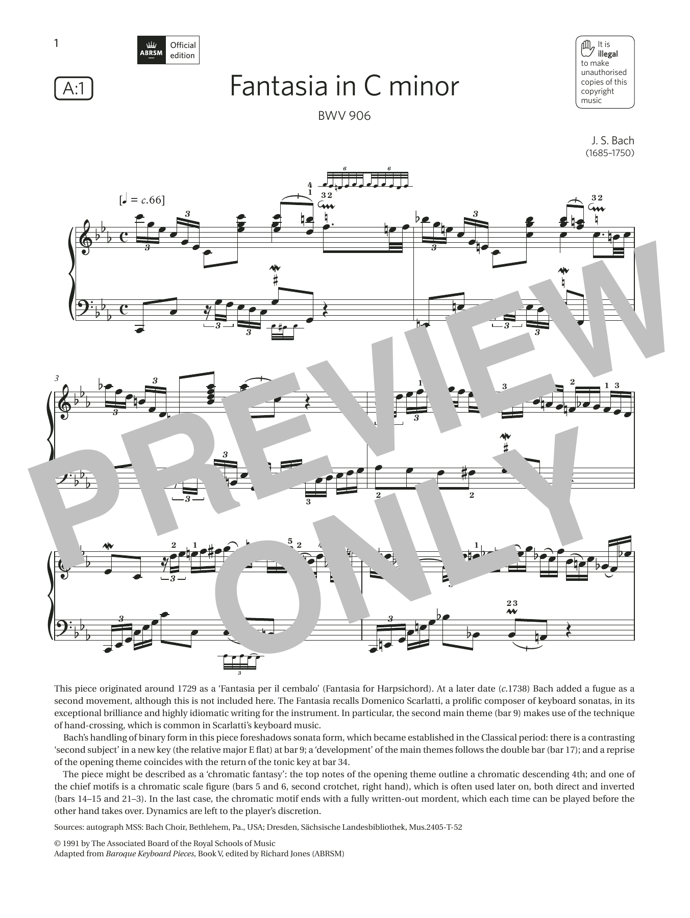 J. S. Bach Fantasia in C minor (Grade 8, list A1, from the ABRSM Piano Syllabus 2021 & 2022) sheet music notes and chords arranged for Piano Solo