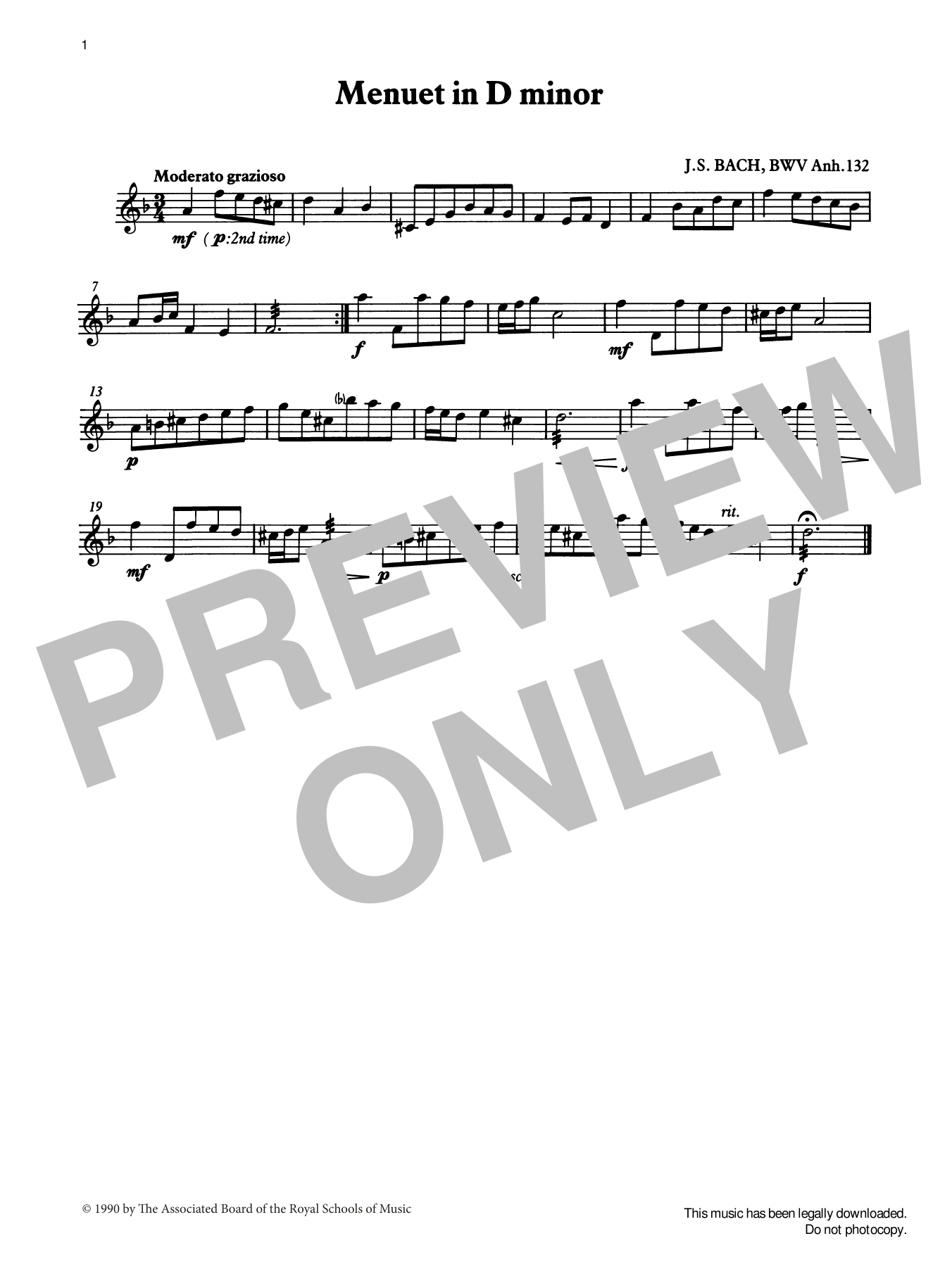 J. S. Bach Menuet in D minor from Graded Music for Tuned Percussion, Book II sheet music notes and chords arranged for Percussion Solo