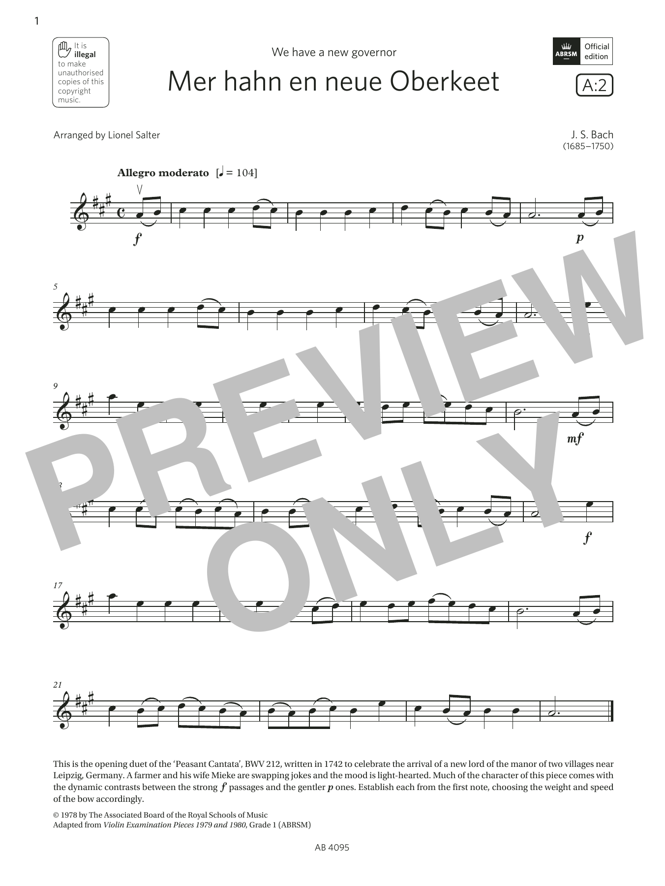 J. S. Bach Mer hahn en neue Oberkeet (Grade 1, A2, from the ABRSM Violin Syllabus from 2024) sheet music notes and chords arranged for Violin Solo