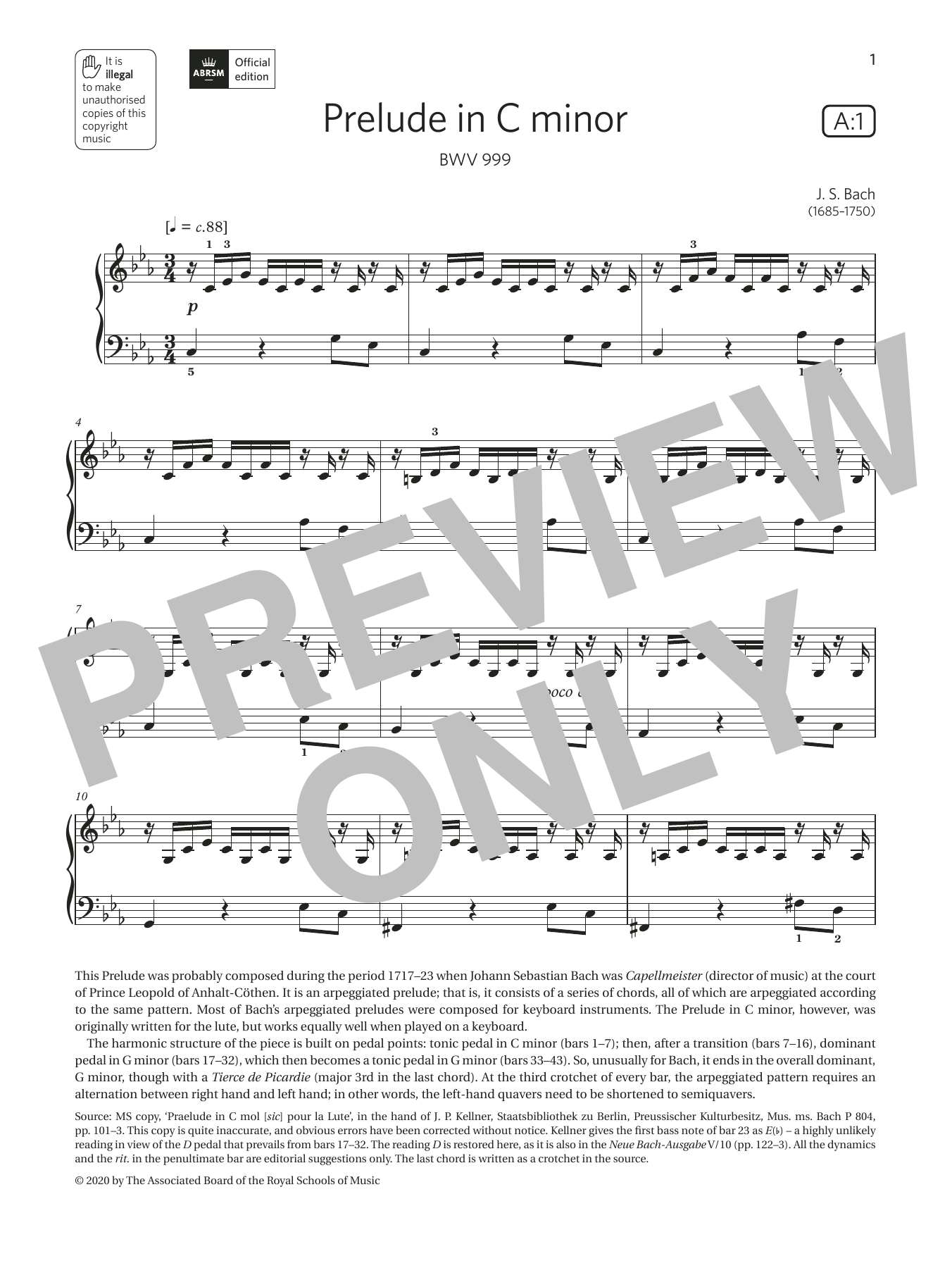 J. S. Bach Prelude in C minor (Grade 4, list A1, from the ABRSM Piano Syllabus 2021 & 2022) sheet music notes and chords arranged for Piano Solo