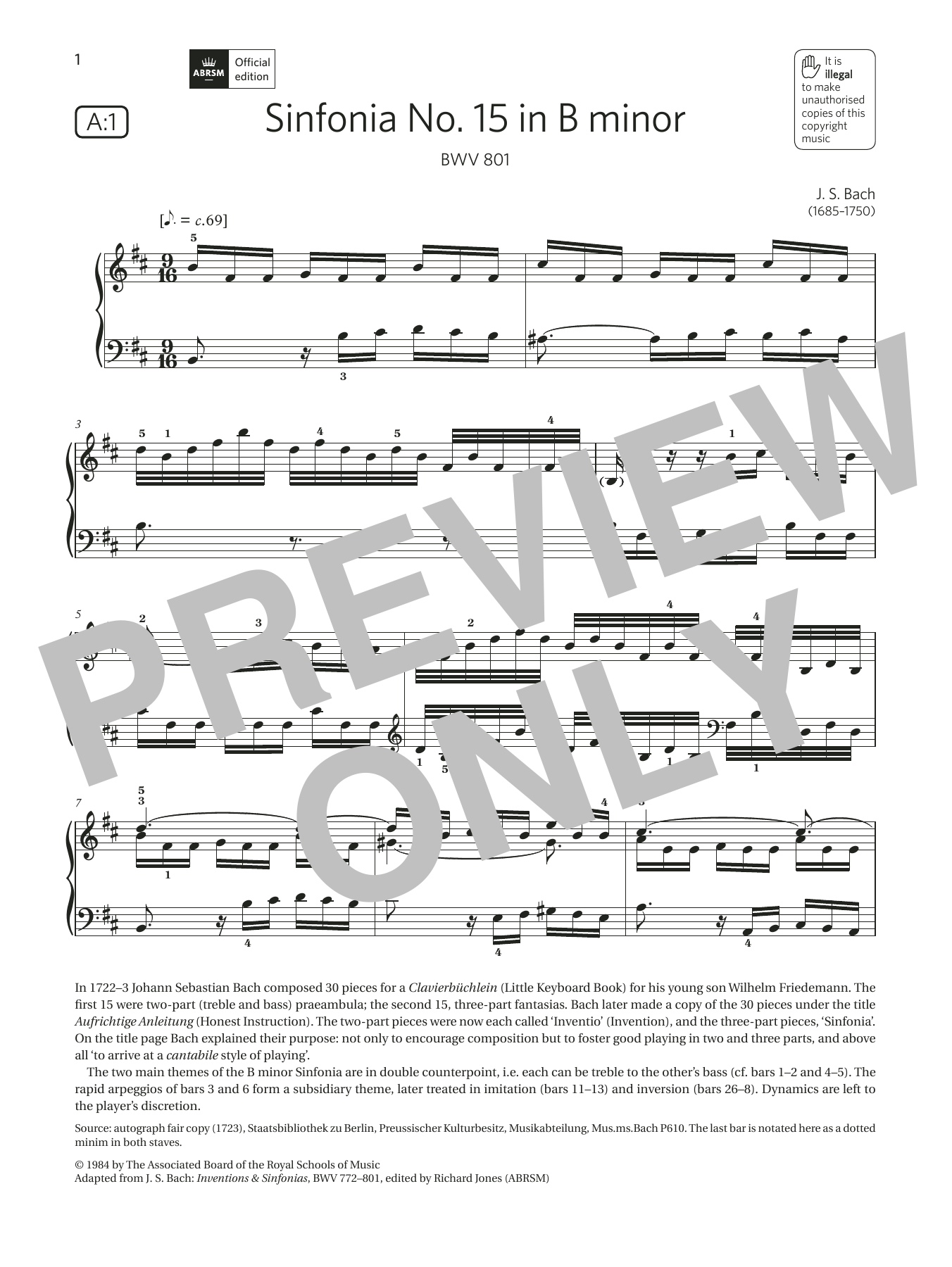 J. S. Bach Sinfonia No.15 in B minor (Grade 7, list A1, from the ABRSM Piano Syllabus 2021 & 2022) sheet music notes and chords arranged for Piano Solo