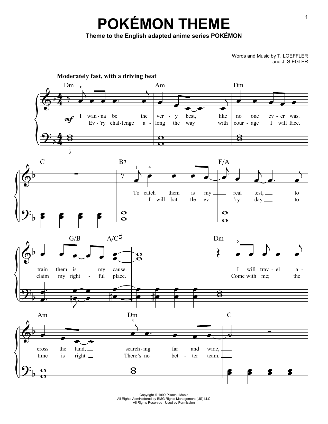 J. Siegler Pokemon Theme sheet music notes and chords arranged for 5-Finger Piano