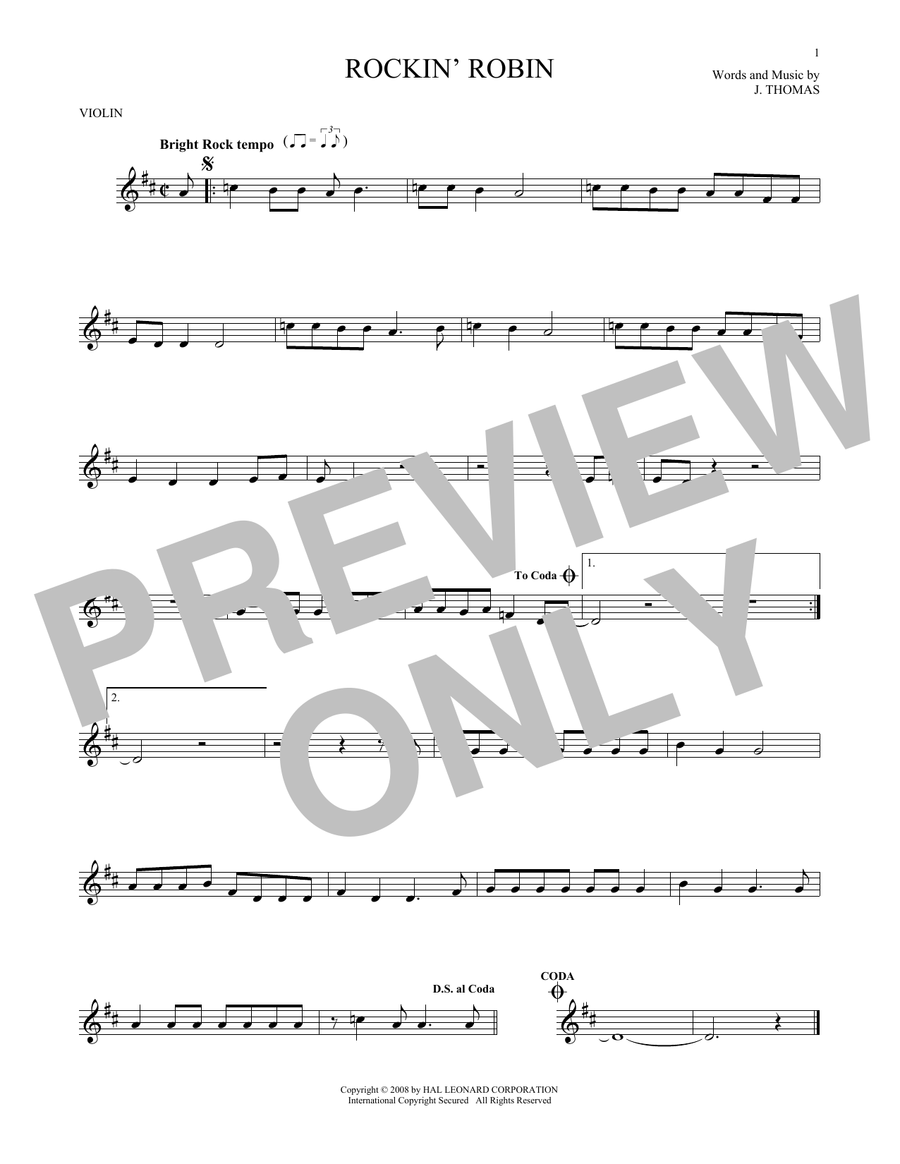 J. Thomas Rockin' Robin sheet music notes and chords arranged for Violin Solo