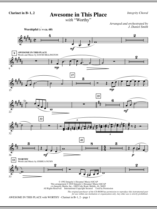 J. Daniel Smith Awesome In This Place (with Worthy) - Clarinet 1 & 2 sheet music notes and chords. Download Printable PDF.