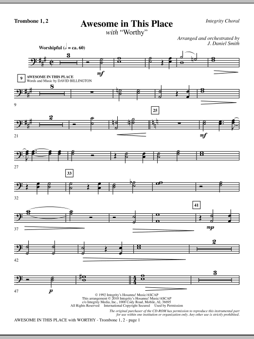 J. Daniel Smith Awesome In This Place (with Worthy) - Trombone 1 & 2 sheet music notes and chords. Download Printable PDF.