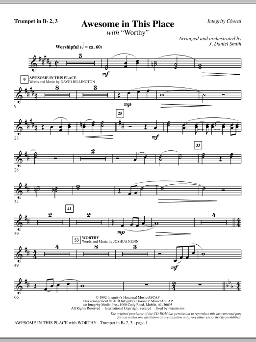 J. Daniel Smith Awesome In This Place (with Worthy) - Trumpet 2 & 3 sheet music notes and chords. Download Printable PDF.