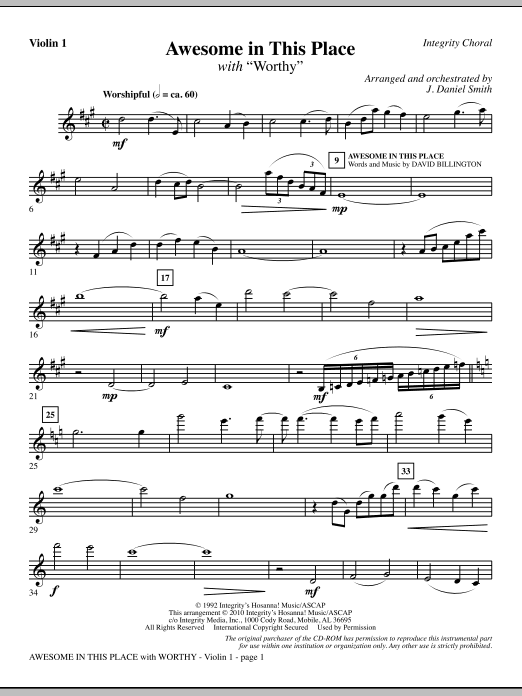 J. Daniel Smith Awesome In This Place (with Worthy) - Violin 1 sheet music notes and chords. Download Printable PDF.
