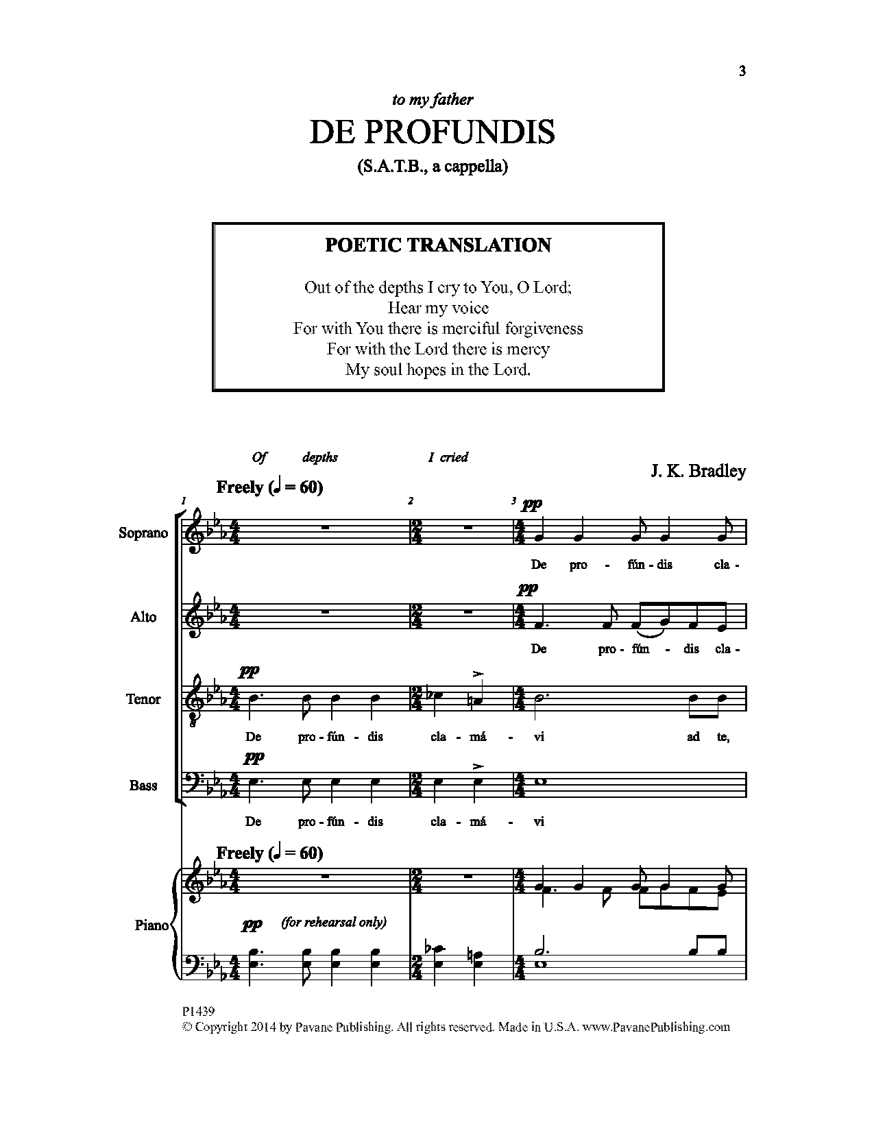 J. K. Bradley De Profundis sheet music notes and chords arranged for SATB Choir