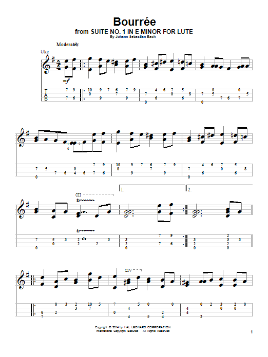 J.S. Bach Bourree sheet music notes and chords arranged for Ukulele