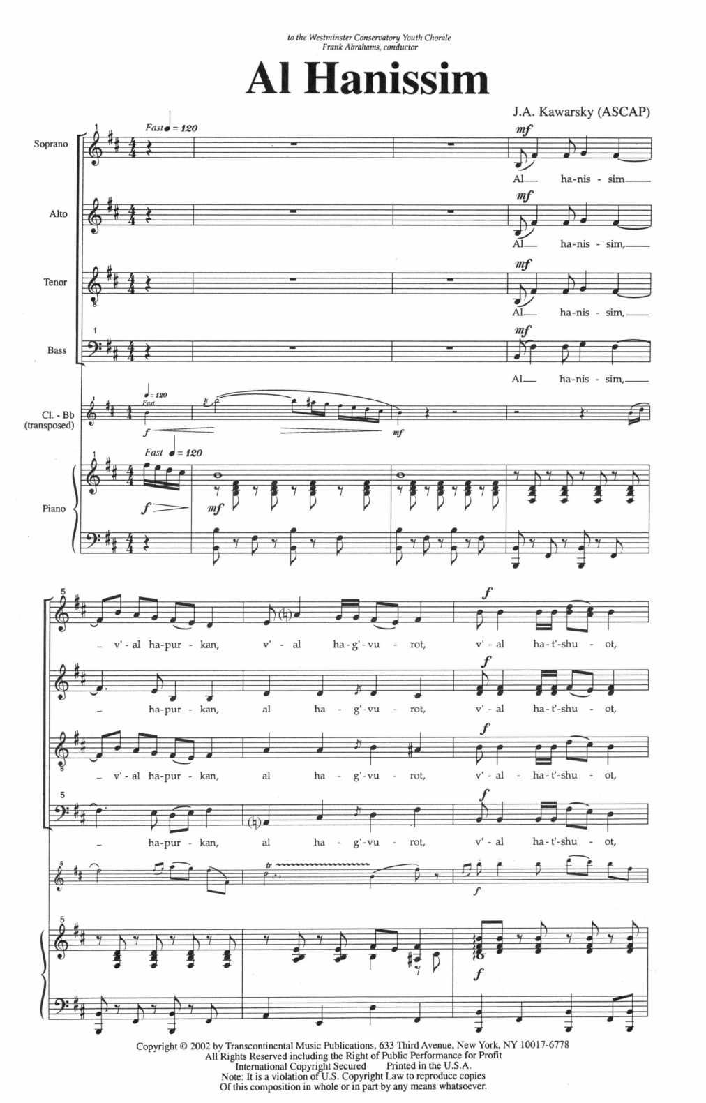 J.A. Kawarsky Al Hanissim (Chanukah Song) sheet music notes and chords arranged for SATB Choir