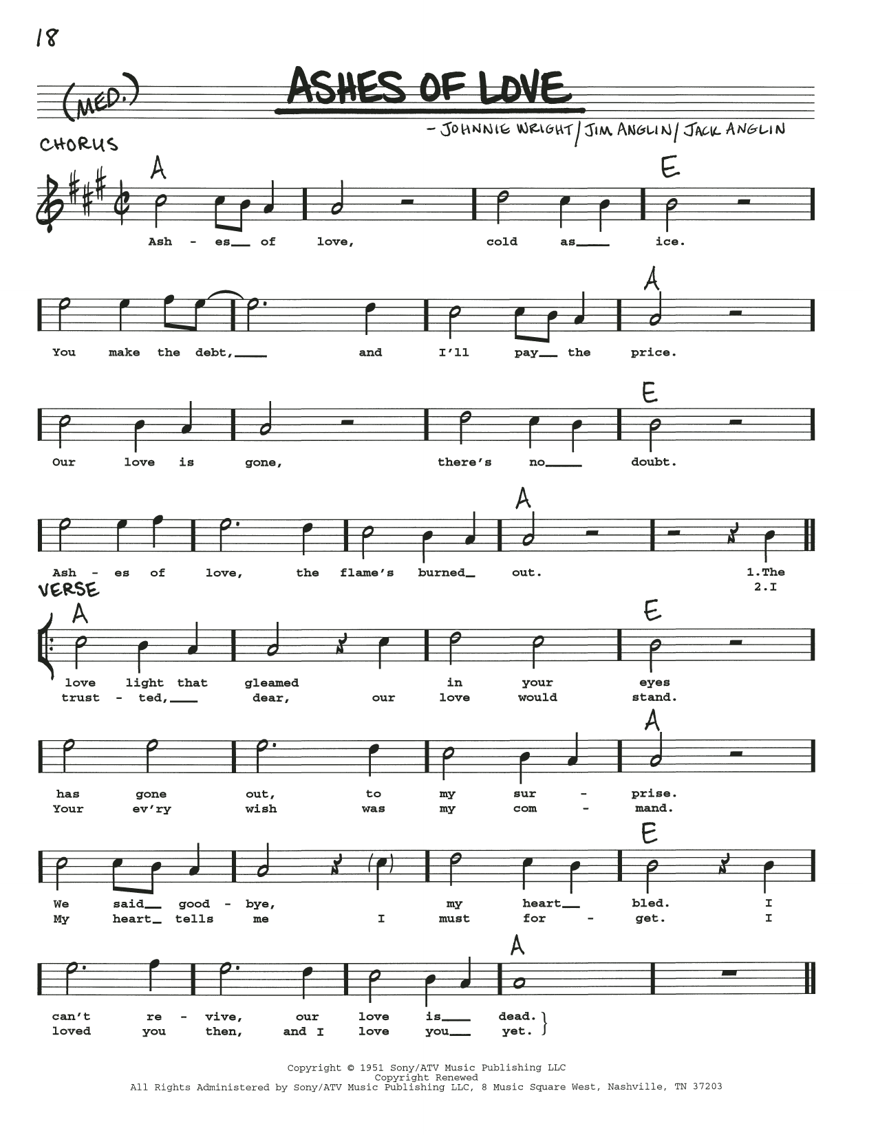 Jack Anglin Ashes Of Love sheet music notes and chords arranged for Real Book – Melody, Lyrics & Chords
