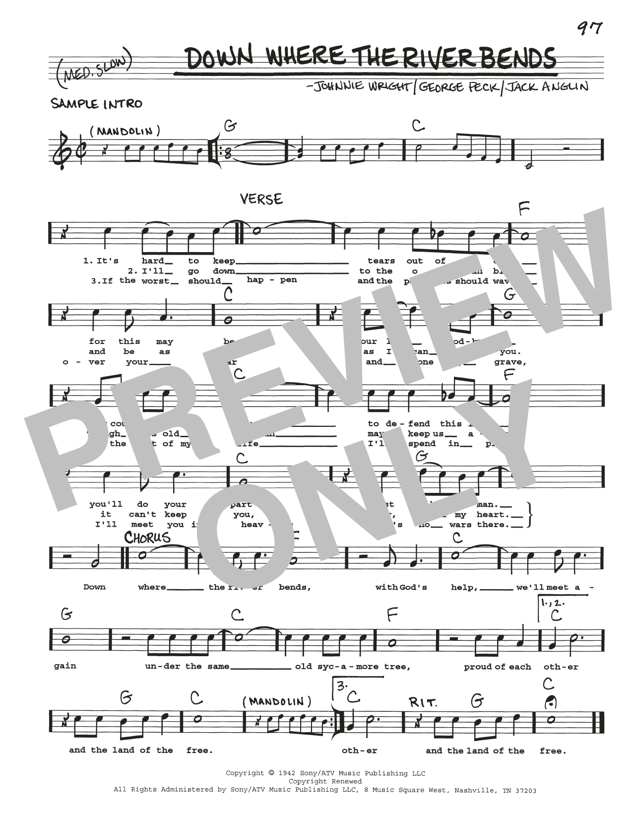 Jack Anglin Down Where The River Bends sheet music notes and chords arranged for Real Book – Melody, Lyrics & Chords