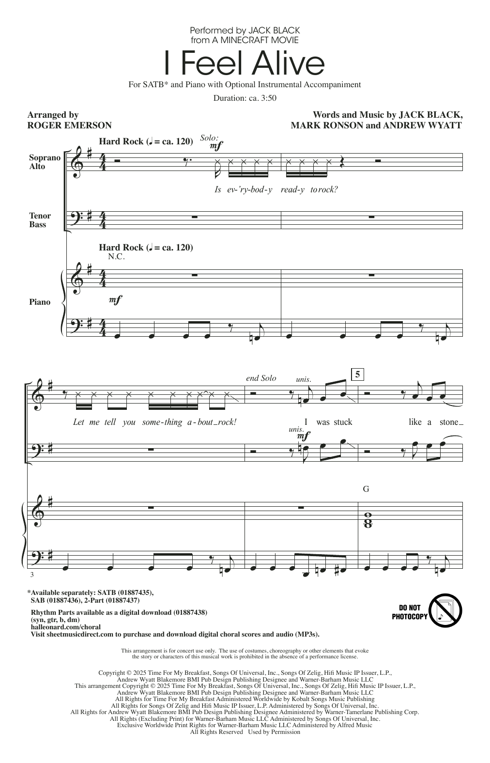 Jack Black I Feel Alive (from A Minecraft Movie) (arr. Roger Emerson) sheet music notes and chords arranged for SAB Choir