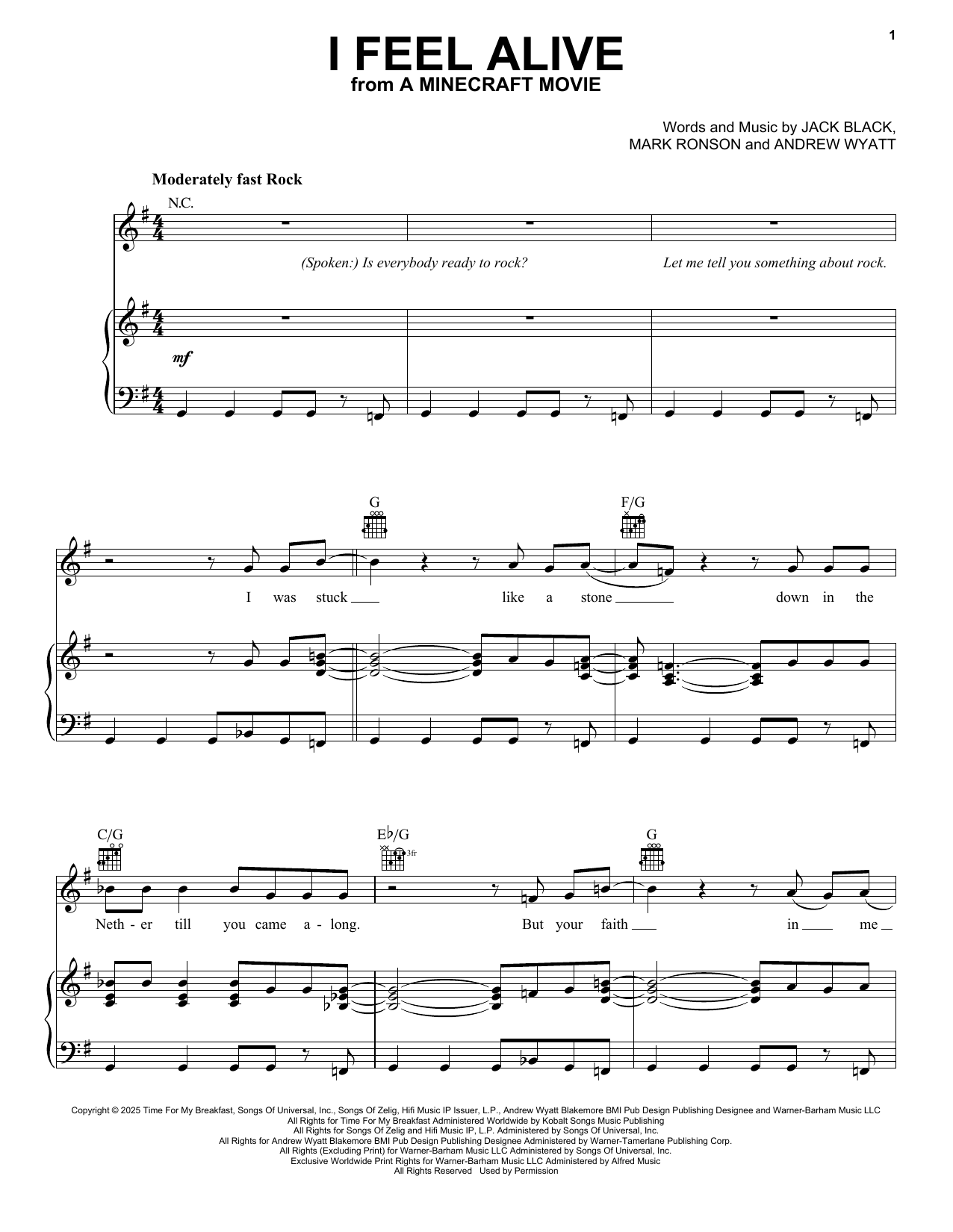 Jack Black I Feel Alive (from A Minecraft Movie) sheet music notes and chords arranged for Piano, Vocal & Guitar Chords (Right-Hand Melody)
