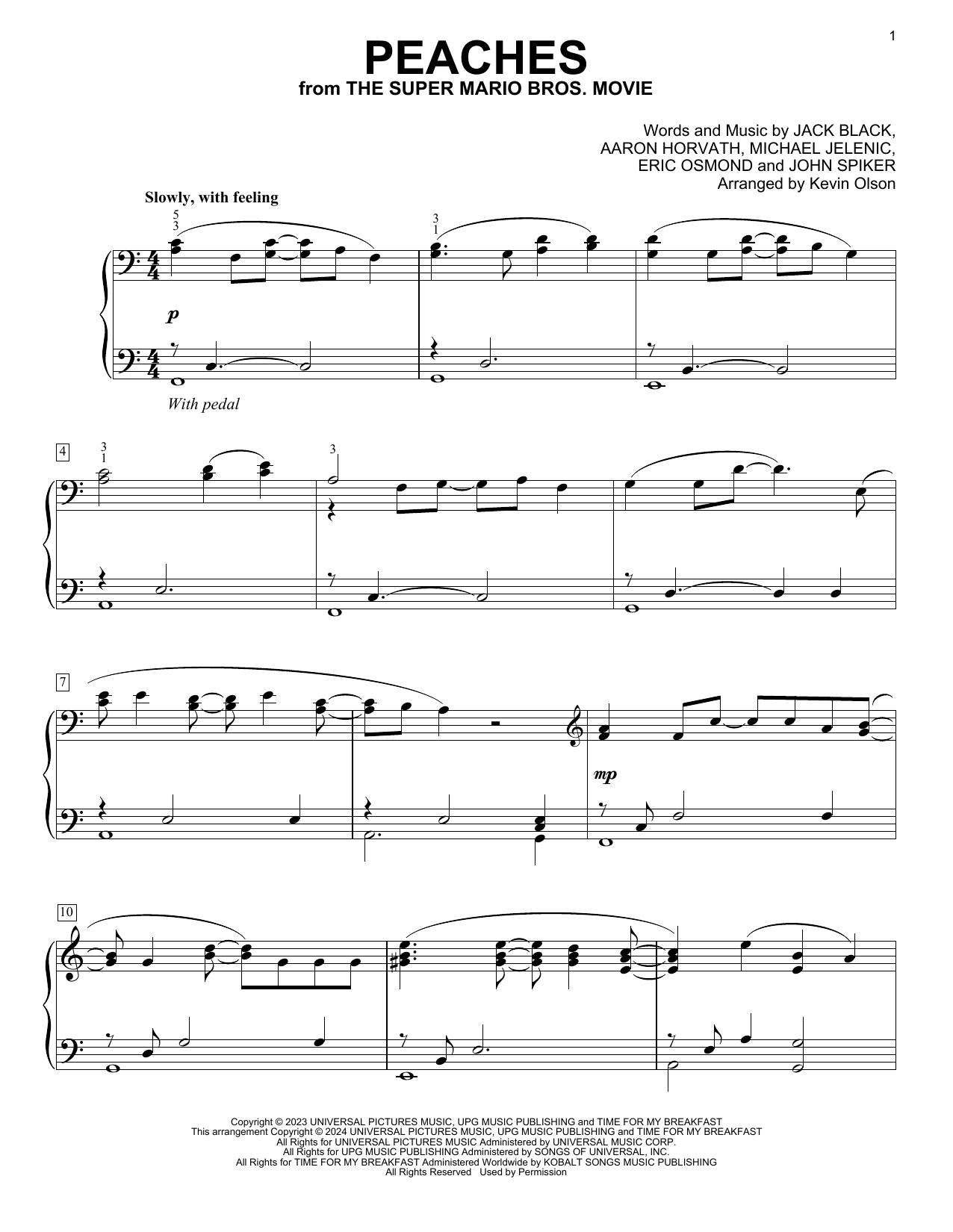 Jack Black Peaches (from The Super Mario Bros. Movie) (arr. Kevin Olson) sheet music notes and chords arranged for Easy Piano Solo