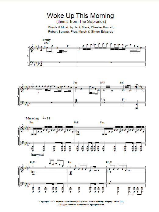 Jack Black Woke Up This Morning (Theme from The Sopranos) sheet music notes and chords arranged for Piano Solo